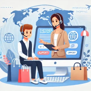 DALL·E 2024 07 23 09.10.46 A friendly customer support scene featuring a person assisting another with international online shopping issues. The environment should be modern and 1