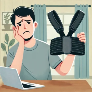 DALL·E 2024 07 24 05.12.41 A customer holding a lumbar support belt looking dissatisfied. The background should show a home setting with a laptop on a table displaying an email 1