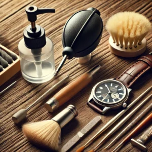 DALL·E 2024 07 24 05.18.24 A set of watch cleaning tools including a dust air blower pump rubber cleaning brushes and other small tools neatly arranged on a wooden table. The 1