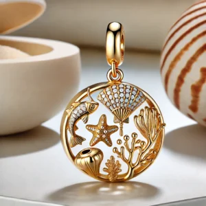 DALL·E 2024 07 24 05.24.11 A beautiful gold plated charm pendant shaped like marine organisms including a fish manta ray sea conch shell nautilus and coral branch. The penda 1