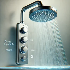 DALL·E 2024 07 24 05.29.45 A modern high pressure shower head with a sleek design showing its three adjustable modes. The shower head should be depicted in a bathroom setting 1