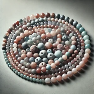 DALL·E 2024 07 24 05.32.45 A collection of natural stone beads including Morganite Angelite and Aquamarine in 5 8mm rondelle round shapes. The beads should be displayed on a 1