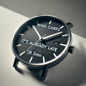 DALL·E 2024 07 24 05.35.26 A close up of a stylish watch face with the text Who Cares Its Already Late inscribed on it fitting a 28.5mm diameter. The watch face should have 1