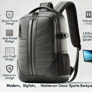 DALL·E 2024 07 24 05.59.44 A modern stylish and waterproof leisure outdoor sports backpack designed for business travel and students. The backpack should be shown with its var 1