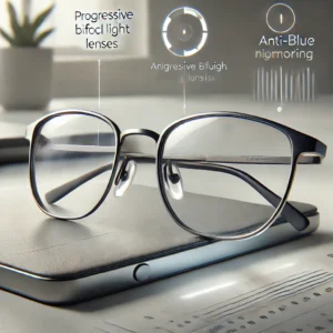 DALL·E 2024 07 24 06.07.26 A pair of stylish multifocal reading glasses with progressive bifocal lenses and anti blue light blocking features. The glasses should have a sleek m 17