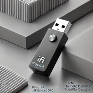 DALL·E 2024 07 24 09.02.09 A sleek and modern iFi GO link portable USB balanced DAC headphone amplifier dongle shown in a minimalist setting. The device should highlight its ke 15
