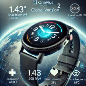DALL·E 2024 07 25 07.05.16 An image featuring the OnePlus Watch 2 Global Version Smart Watch. The watch should be displayed with its sleek design highlighting the 1.43 AMOLED 19