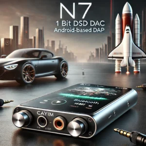 DALL·E 2024 07 25 07.13.55 An image featuring the Cayin N7 1 Bit DSD DAC Android based DAP. The device should be prominently displayed highlighting its sleek design 5 inch scr 15