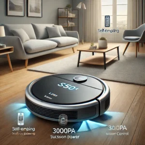 DALL·E 2024 07 25 07.24.01 An image featuring the Midea S5 Robot Vacuum Cleaner. The vacuum cleaner should be displayed in a modern home setting emphasizing its sleek design a 11