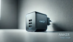 DALL·E 2024 07 26 06.18.22 A sleek and modern image showcasing the Anker Prime 100W USB C Charger GaN Wall Charger. The charger is displayed prominently with its three ports vis 1