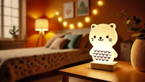 DALL·E 2024 07 26 06.22.46 A charming and whimsical image of a glowing bedside lamp in the shape of a cute animal suitable for childrens bedrooms. The lamp emits a soft warm 35