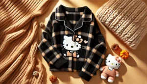 DALL·E 2024 07 26 06.25.27 A cozy and stylish image of Sanrio Hello Kitty flannel pajamas for women in black. The pajamas are displayed in a warm inviting setting highlighting 33