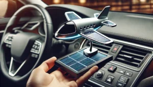 DALL·E 2024 07 26 06.28.53 A stylish and modern image of a Solar Airplane decorative ornament for car interiors. The ornament features a sleek creative airplane design with sol 31