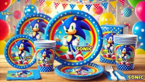 DALL·E 2024 07 26 06.31.35 A vibrant and fun image of New Cartoon Sonic Party Supplies featuring colorful Sonic themed disposable tableware set including paper plates cups an 29