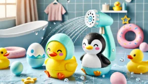 DALL·E 2024 07 26 06.33.39 A cute and playful image of baby bathing toys featuring a duck and penguin egg water spray sprinkler. The toys are shown in a fun bathroom setting wit 27