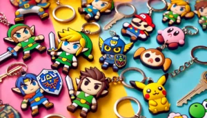 DALL·E 2024 07 26 06.37.27 A fun and colorful image featuring keychains with characters inspired by video game heroes. The keychains are displayed in a playful arrangement high 25