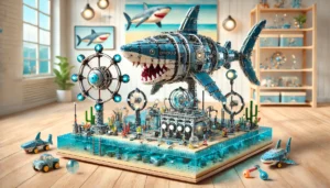 DALL·E 2024 07 26 06.39.24 A detailed and engaging image of a Mechanical Shark Building Set. The set includes sea life themed building blocks a display stand and lights arran 27