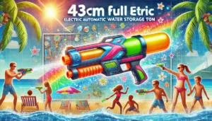 DALL·E 2024 07 26 06.41.45 A vibrant and dynamic image of a 43cm Full Electric Automatic Water Storage Gun Toy. The water gun is depicted in a summer beach setting being used b 25
