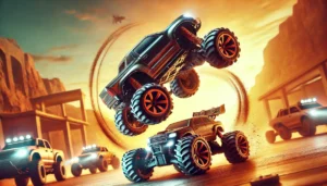 DALL·E 2024 07 26 06.44.34 A dynamic and exciting image of an RC Stunt Car performing tricks. The car is shown flipping and rotating in mid air emphasizing its double sided and 23