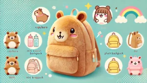 DALL·E 2024 07 26 06.53.07 A cute and stylish image of a Capybara Plush Backpack. The backpack is designed in a kawaii fashion resembling a plushie doll with fur. It is shown a 17