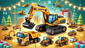 DALL·E 2024 07 26 06.59.54 A vibrant and playful image of a Childrens 2.4G Remote Control Excavator RC Model Car. The excavator dump truck and bulldozer are shown in action 11