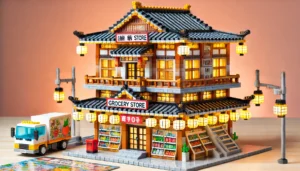 DALL·E 2024 07 26 07.04.56 A detailed and vibrant image of the Cada LED City Japanese Style Grocery Store House Building Blocks set. The building blocks are assembled to form a 7