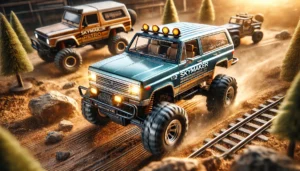DALL·E 2024 07 26 07.07.11 A detailed and exciting image of the 1 12 RC Car Skymaker Mn Model Mn82 Retro Full scale Simulation LC79 RTR. The RC truck is shown in action driving 5
