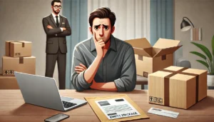 DALL·E 2024 07 26 22.12.42 An image showing a concerned person looking at an empty envelope with a laptop and a package in the background depicting the issue of receiving an e 3