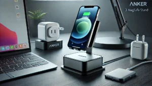 DALL·E 2024 07 27 05.56.00 A sleek and modern image of the Anker 3 in 1 MagSafe Charger Stand Cube. The charger stand is shown charging an iPhone15 with its foldable wireless c 1