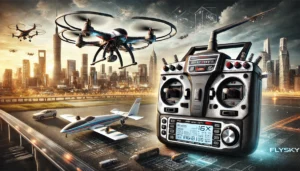 DALL·E 2024 07 27 05.58.46 A detailed and dynamic image of the FLYSKY FS i6X 10CH 2.4GHz AFHDS 2A RC Transmitter with iA6B or iA10B Receiver. The transmitter and receiver are sh 25