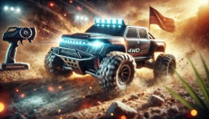 DALL·E 2024 07 27 06.01.45 A dynamic and exciting image of a 1 12 1 16 4WD RC Car with LED lights. The RC car is shown in action on an off road track highlighting its robust 23