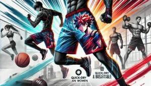DALL·E 2024 07 27 06.06.02 A dynamic and stylish image of gym shorts suitable for men and women featuring vibrant and eye catching anime inspired designs. The shorts are shown 21