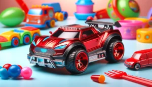 DALL·E 2024 07 27 06.08.09 A vibrant and detailed image of a 1 36 scale diecast metal pull back action car in red. The car model is shown in a playful setting highlighting its 19