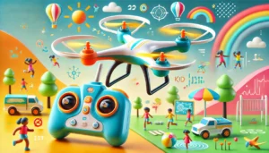 DALL·E 2024 07 27 06.34.31 A vibrant and playful image of a Mini Remote Control Aircraft highlighting its features as a childrens toy. The drone is shown in flight with a remo 13