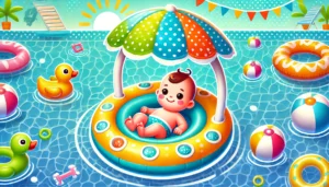 DALL·E 2024 07 27 06.44.04 A vibrant and playful image of a Baby Swimming Float with Canopy. The inflatable infant floating ring is shown in a pool setting with a baby happily f 11