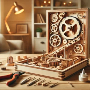 DALL·E 2024 07 27 06.50.16 A wooden mechanical 3D pinball machine puzzle set on a clean well lit table. The puzzle is partially assembled showing its intricate wooden parts an 7