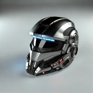 DALL·E 2024 07 27 07.00.32 A highly detailed electronic helmet inspired by a futuristic design with LED lights and an advanced look placed on a clean and minimalistic surface 1