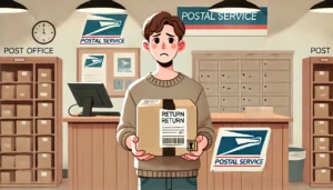 DALL·E 2024 07 27 20.26.53 A person holding a package with a regretful expression standing in front of a post office. The scene includes a postal service counter and a sign ind 1