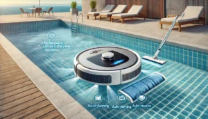 DALL·E 2024 07 28 06.52.58 A high quality visually appealing image of a Cordless Robot Vacuum Cleaner for Swimming Pools showcasing its sleek design and advanced features like 9