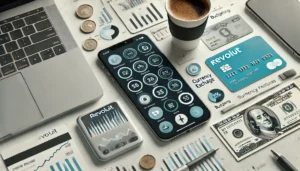 DALL·E 2024 07 28 09.28.24 A high quality visually appealing image depicting the Revolut app on a smartphone showing various financial features like currency exchange budgeti 1
