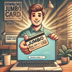 DALL·E 2024 07 28 12.26.50 A detailed illustration showing a friendly person holding a Jumbo card in front of a laptop with a website displayed on the screen that has the title 1
