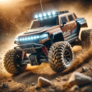 DALL·E 2024 07 29 06.23.57 An image of a 1 12 1 16 4WD RC Car with LED lights showcasing its off road capabilities. The car is in motion with dust and dirt flying around hi 25