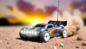 DALL·E 2024 07 29 06.37.16 A high speed RC car with a sleek design racing on a dirt track. The car should have bright LED lights and visible dust clouds behind it indicating h 19