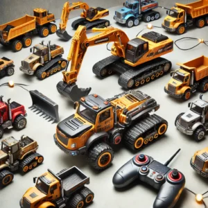 DALL·E 2024 07 29 06.57.09 An image of the Children 2.4G Remote Control Excavator RC Model Car Toys Dump Truck Bulldozer Engineering Vehicle. Display multiple vehicles in a play 13
