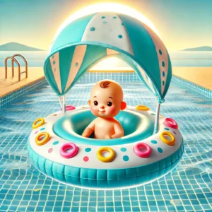 DALL·E 2024 07 29 07.16.04 An image of the Baby Swimming Float With Canopy. Display the inflatable infant floating ring in a pool setting showcasing its safety features and can 3