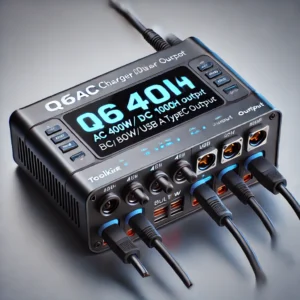 DALL·E 2024 07 29 07.34.07 An image of the ToolkitRC Q6AC Charger AC 400W DC 1000W 4CH output with Built in 65W USB A TYPEC Output. Display the charger prominently showing its 1