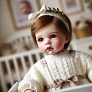 DALL·E 2024 07 29 09.36.11 An image of a 50CM Realistic Finished Bebe Reborn Silicone Vinyl Cloth Body Doll named LouLou. Display the doll prominently showcasing its lifelike f 1