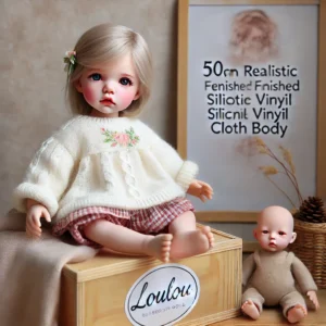 DALL·E 2024 07 29 09.42.07 An image of a 50CM Realistic Finished Bebe Reborn Silicone Vinyl Cloth Body Doll named LouLou. Display the doll prominently showcasing its lifelike f 1