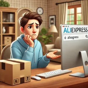 DALL·E 2024 07 30 02.49.26 A person looking at a computer screen with a confused expression with an AliExpress website open. There is a package on the table next to the person 1