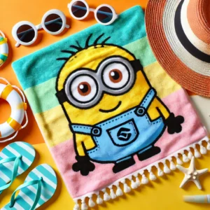 DALL·E 2024 07 30 03.17.03 A colorful and cute Kawaii M Minions towel made of microfiber displayed in a vibrant beach setting. The towel should look soft absorbent and quick 33